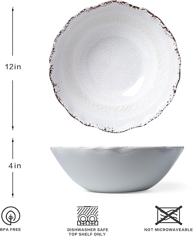 LEHAHA Rustic White Melamine Large Serving Bowl, 2 pieces Set,12 inches (130 OZ) Larger Salad Bowl, Lightweight and Unbreakable Mixing Bowl, BPA Free Melamine Bowls, Dishwasher Safe…