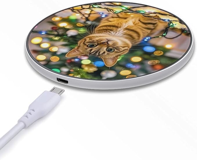 A Cat and Christmas Lights Wireless Charger 10W Portable Fast Wireless Charging Pad Compatible with Phone Slim Charging Station Lightweight Charger Mat Charging Block for Travel Home Office