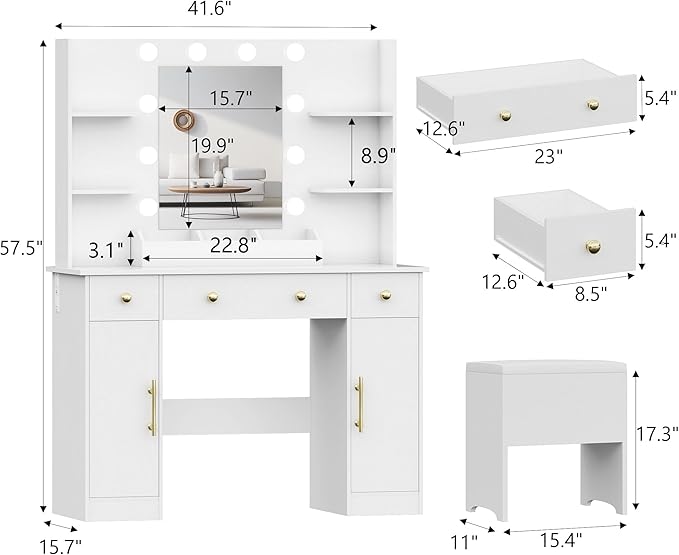 Makeup Vanity Desk with Mirror and Lights, 43" White Vanity Set with Chair, 3 Drawers, Power Outlet & Adjustable RGB LED Lights, Dressing Table with Storage Shelf for Women & Girls Bedroom