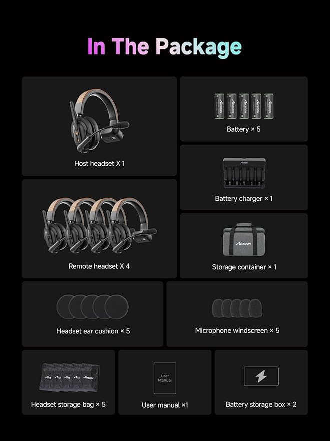 Accsoon Como SE Wireless Intercom Headset System Full-Duplex 2.4GHZ 1312FT Range 30H, 5 Person Team Communication Headset Intercom with Noise Cancellation for Filming Shoot Gruop Talk(1 Host 4 Remote)