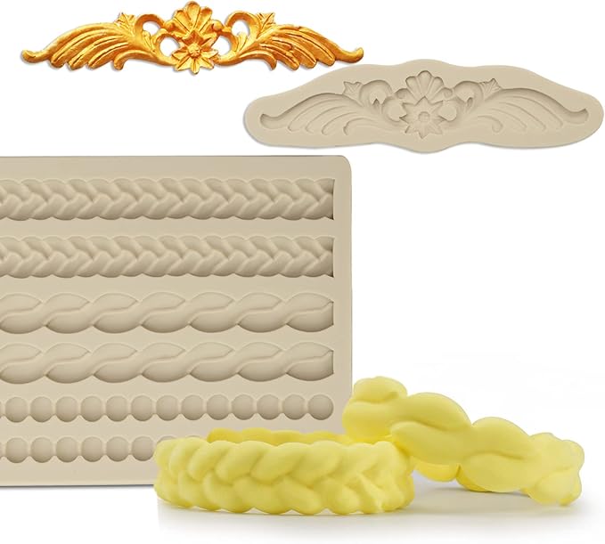 MUYULIN Pearl Fondant Molds, 3 Pack Silicone Pie Decoration Crust Mould, for Cake, Chocolate, Cupcake, Knit Rope, Game Pie, SugarCraft, Clay
