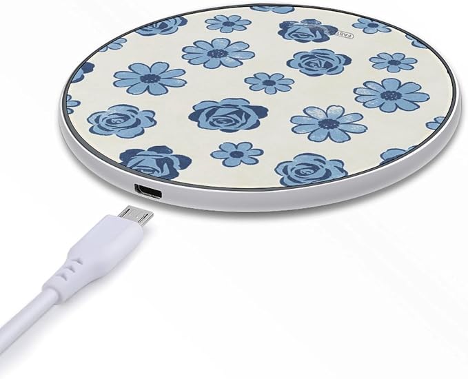 Blue Flower Print Wireless Charger Portable Fast Charging Pad Lightweight Wireless Charging Pad 10W Slim Charging Station for Phone Charger Mat for Travel Home Office Desk
