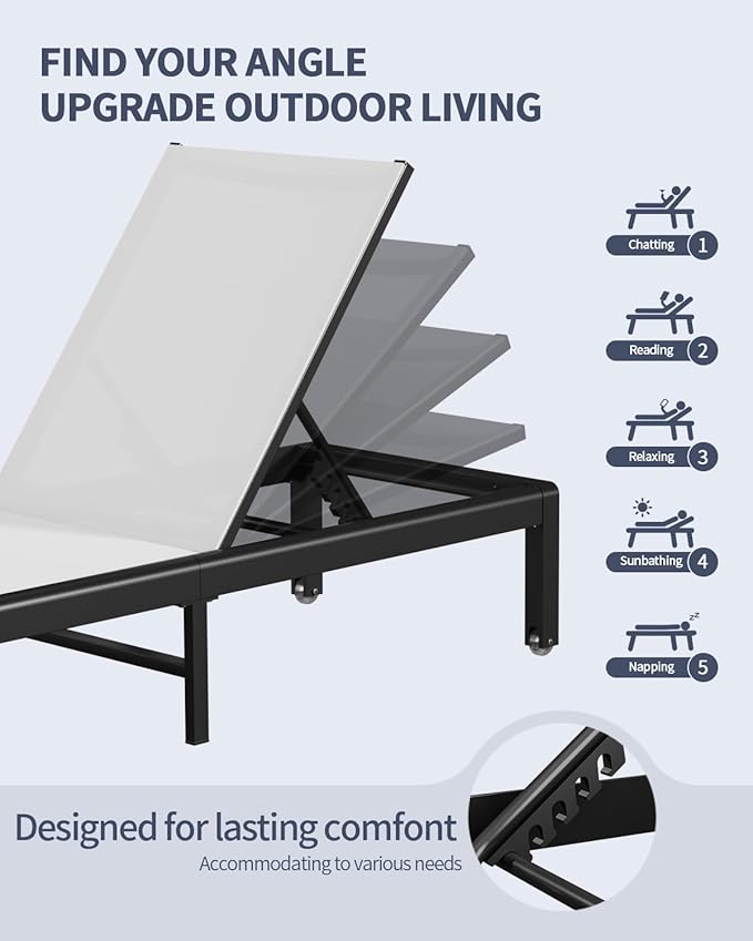 Aluminum Lounge Chairs Outdoor Chaise Furniture,2 Sets Patio Metal Deck Lounger Adjustable 5-Position Poolside Chase Recliner with Wheels for Beach,Coffee Table, (White, 2 Chairs)