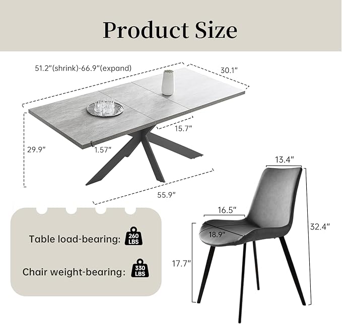 ZckyCine 51"-67" Extendable Dining Table Set with 6 Dining Chairs, Modern Rectangular Kitchen Table Set for 6-8 People, Space-Saving Expandable Dining Table with Metal Frame