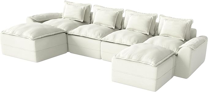 Hobestluk 152" Cloud Modular Sectional Couch 4-Seater Sofa with Ottomans U Shaped Couch Deep Seat Sofa with Removable Cover for Living Room (Beige, 4-Seater Sofa with Two Ottomans)