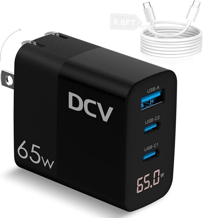 DCV 65W USB C Charger GaN 3-Port Fast Charging Block with LED Digital Display PD/PPS/QC 3.0 Foldable Wall Charger for Laptops MacBook iPhone 17/16 iPad Pro Galaxy S23/S22 Note 20 without Cable
