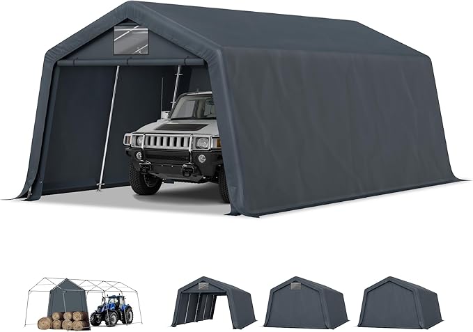 MFSTUDIO Outdoor Carport 13x22 ft, Portable Storage Sheds Shelter Garages Heavy Duty Canopy with Rolled up Zipper Doors, Outside Utility Shed Garage Tent for Boat,Patio Furniture and Tools