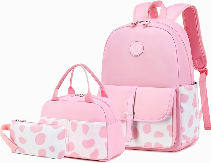 School Backpack for Girls Teens Bookbag with Lunch Box Set Kids Backpack Elementary Middle School Bag Daypack, Pink Cow