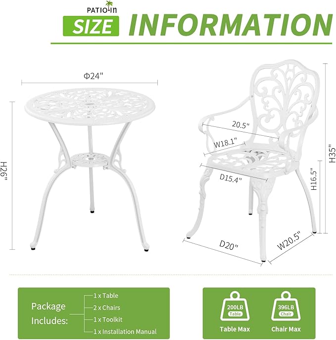 Outdoor Bistro Table and Chairs Set of 2, White Metal Patio Bistro Set, Cast Aluminum Bistro Set 3 Piece Outdoor with Umbrella Hole, 3 Piece Outdoor Bistro Set for Balcony Garden Porch