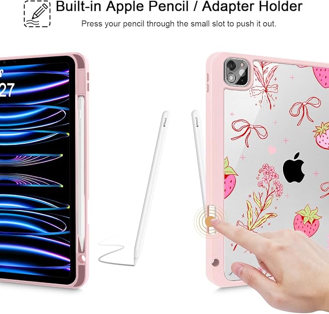 May Chen Case for iPad 12.9 Inch (6th/5th/4th/3rd Generation 2022/2021/2020/2018) Pencel Holder + Trifold Support Auto Sleep/Wake Transparent Shockproof Back Cover Blue Bows