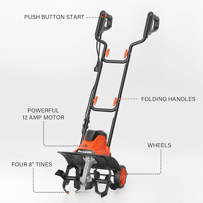 MAXLANDER Electric Tiller Cultivator, 14 Inch 12 Amp Corded Tiller for Gardening with Foldable Handle, 4 Steel Tines, Garden Rototiller with Wheels for Lawn Yard Soil Cultivation
