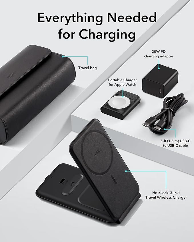 ESR for 3 in 1 Magsafe Charger, Travel Charger Stand Made for Apple Watch Certified, Foldable Charging Station Compatible with Magsafe and iPhone 17/16/15/14/13/12, AirPods 4/3/Pro, Black