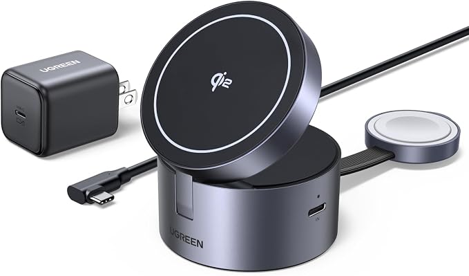 UGREEN Qi2 15W 3-in-1 MagSafe-Compatible Foldable Wireless Charging Station | Compact & Adjustable DesignCharging Stand for iPhone 17-12 series Apple Watch and AirPods Include 45W Charger