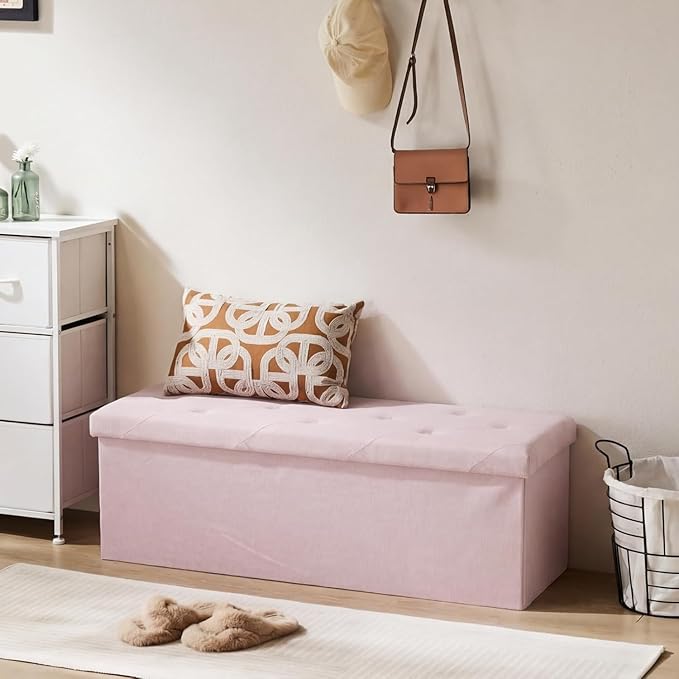 43 Inches Folding Storage Ottoman Bench, Ottoman Foot Rest, Storage Chest, End of Bed Foot Rest Stool with Padded Seat for Living Room, Bedroom, Entryway, Support 660lbs, Linen, Pink