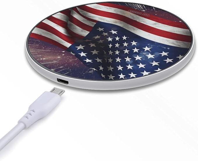 USA Flag Wireless Charger with Aluminum Alloy Frame Qi Certified Fast Wireless Charging Pad 10W Charging Station Portable Phone Charger for All Wireless Charging Phone