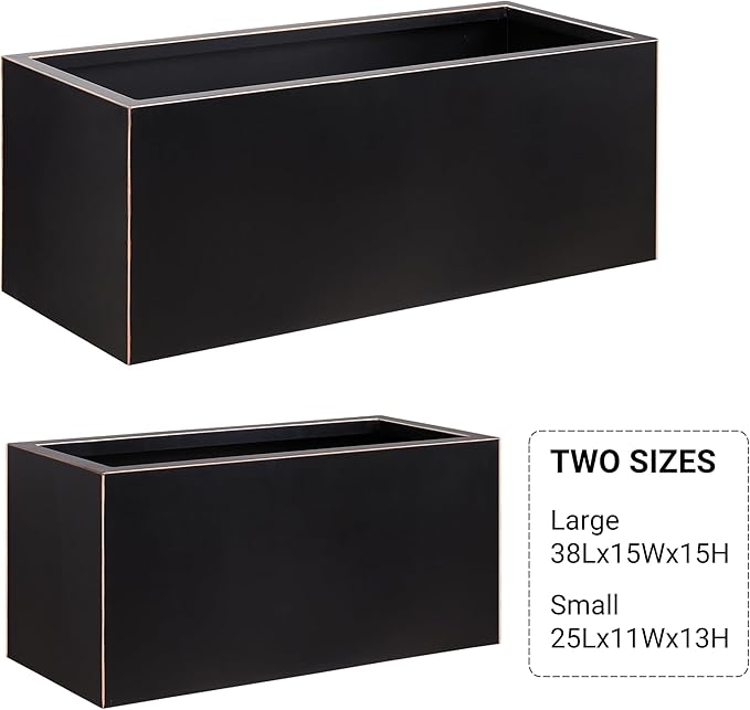 Wallowa Metallic Heavy Long and Large Outdoor/Indoor Planter, Rectangular Trough Planter Box, 38”Lx15”Wx15”H, 40Pounds, Black with Hand Brushed Gold Edge, No Assemble and Seamless