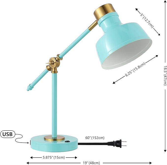 JONATHAN Y 18.5" Cyan/Brass Gold Adjustable Cantilever LED Task Lamp with USB Charging Port, Vintage Farmhouse Desk Lamp for Home Office Reading, Metal Shade (JYL7124C)