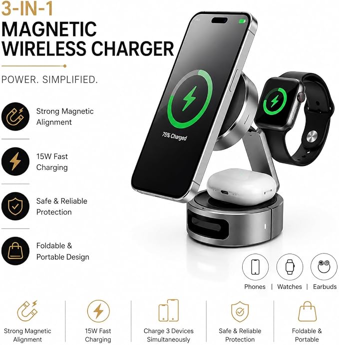 Wireless Charger Mini 3-in-1 | 15W Fast Charging Foldable Magnetic Desktop Charging Station for iPhone and Apple Watch