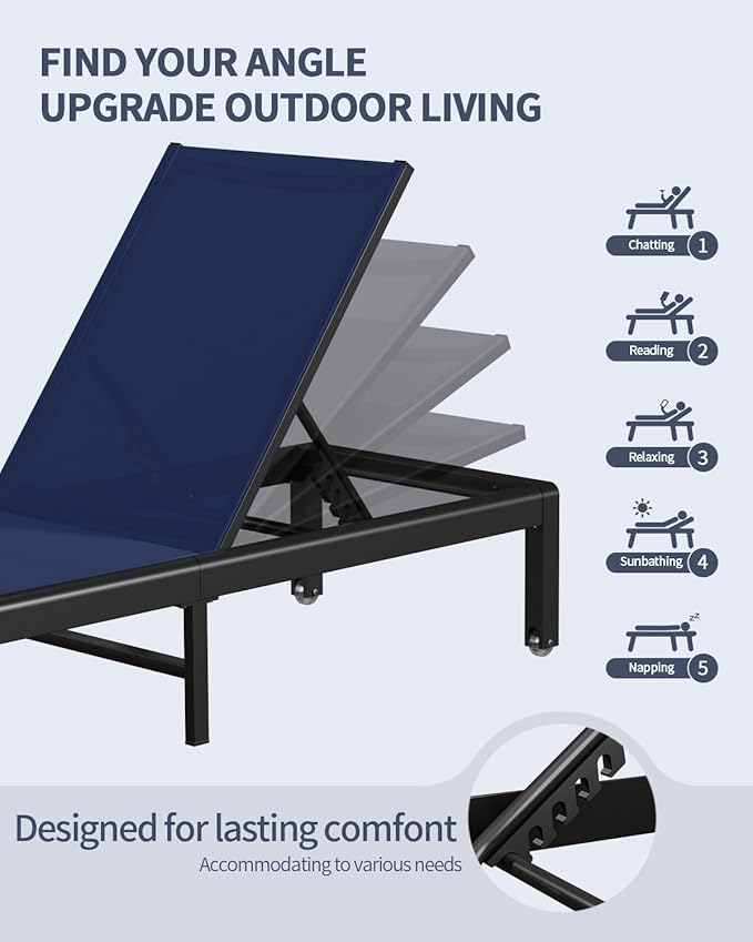 Aluminum Lounge Chairs Outdoor Chaise Furniture,2 Sets Patio Metal Deck Lounger Adjustable 5-Position Poolside Chase Recliner with Wheels for Beach,Coffee Table, (NavyBlue, 2 Chair)