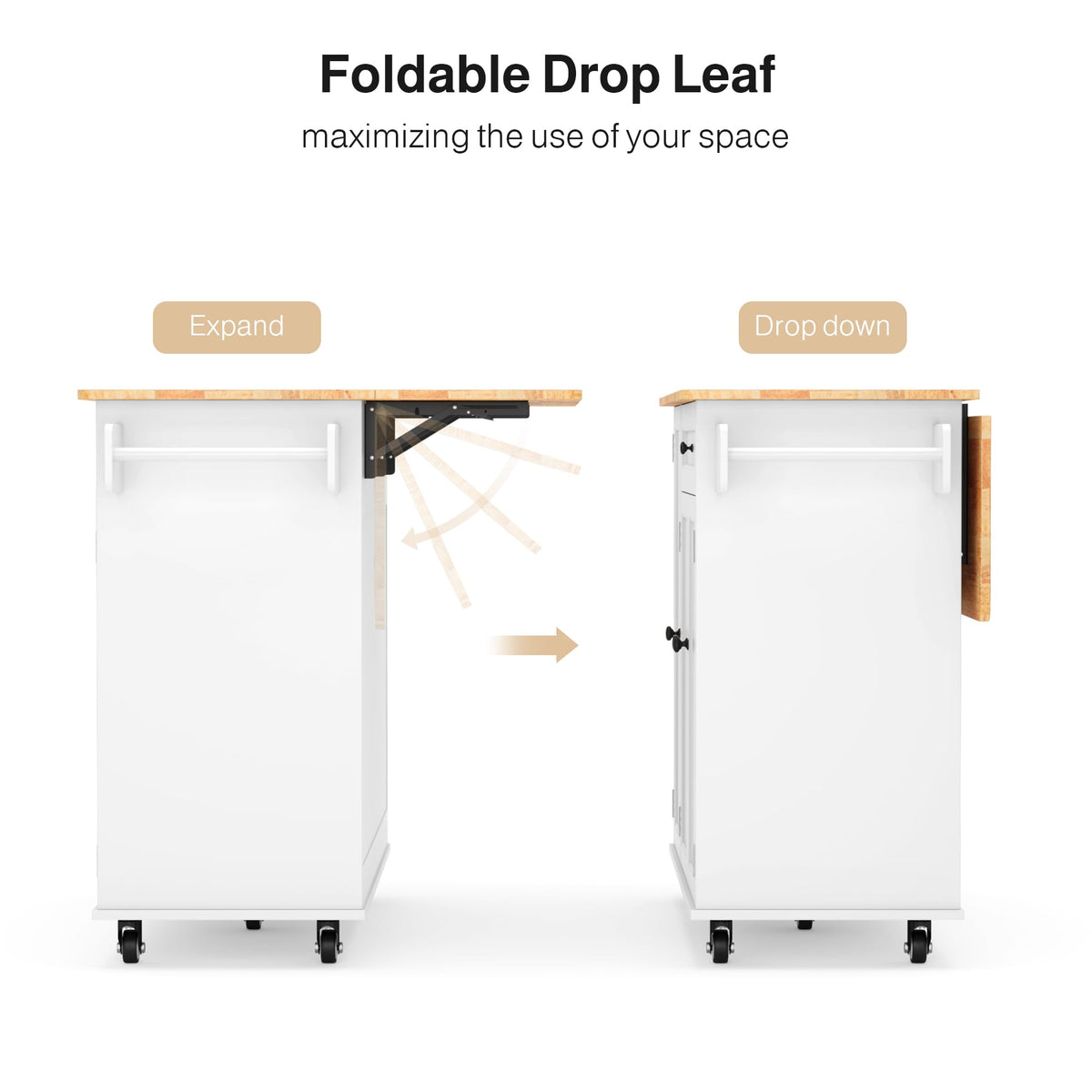 Ahomly 47.6" Kitchen Island with Storage, Drop Leaf, Knife Holder, White