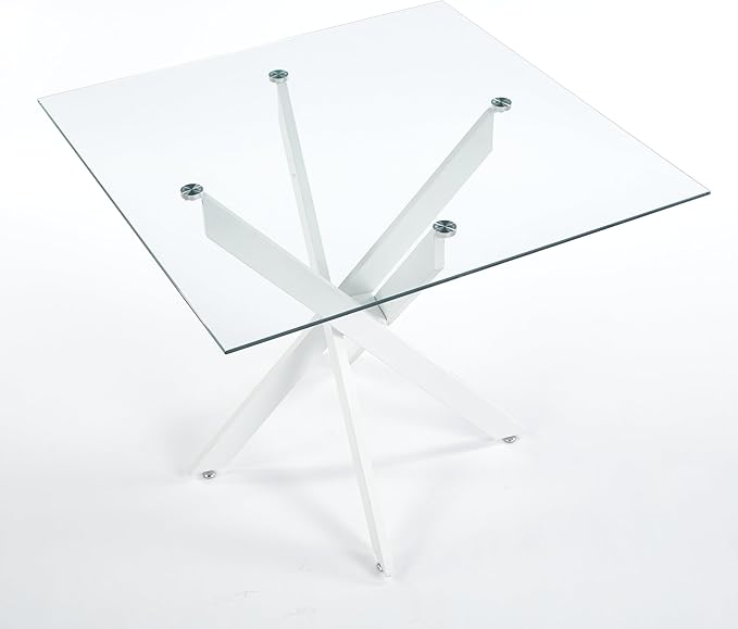 36" Square Dining Table for 4, Modern Glass Kitchen Table for 4 with White X Metal Legs, Contemporary Small Glass Dining Room Leisure Tables for Kitchen Apartment