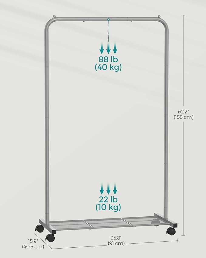 SONGMICS Clothes Rack with Wheels, Clothing Rack for Hanging Clothes, 25.4 mm Metal Garment Rack with Dense Mesh Storage Shelf, 110 lb Load Capacity, 2 Brakes, Gray UHSR025G01