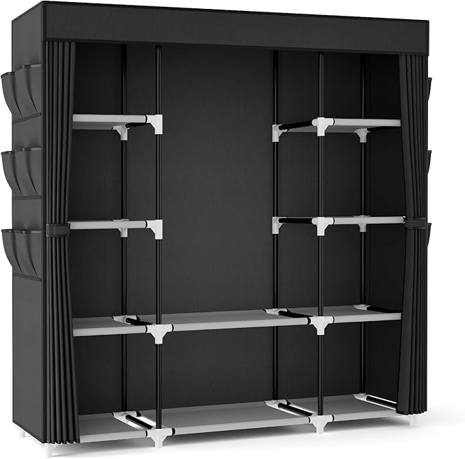 VTRIN Portable Closet Wardrobe for Hanging Clothes 57.3 Inch Large Capacity Clothes Rack with Cover, 10 Storage Organizer Shelves, 1 Hanging Rods and 6 Pockets, Free Standing Closet for Bedroom, Black
