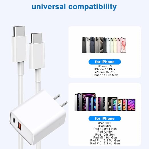 10FT iPhone 17/16e Fast Charger2Pack 20W Dual Port USB A+C QC Apple Adapter with 10 Foot USB C to C Fast Charging Cable Cord for iPhone 17Air/17Pro/17Pro Max/16/16Pro/15/15Pro/Pro Max/Plus(Blue/Pink)