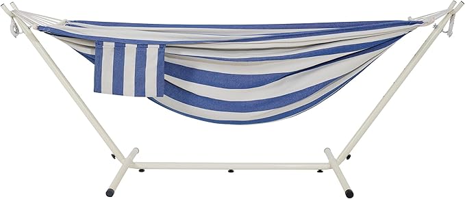 LazyDaze Hammocks Double Hammock with Stand - 2 Person Heavy Duty Outdoor Hammock for Adults, Includes Durable Steel Stand, Portable Carrying Bag and Pillow, Blue White