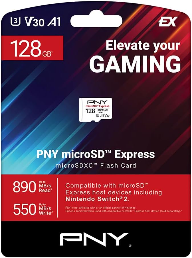 PNY microSD Express 128GB UHS-I U3 V30 A1 microSDXC Flash Memory Card, up to 890 Read & up to 550 Write, Ideal for microSD Express Compatible Devices Like Nintendo Switch 2