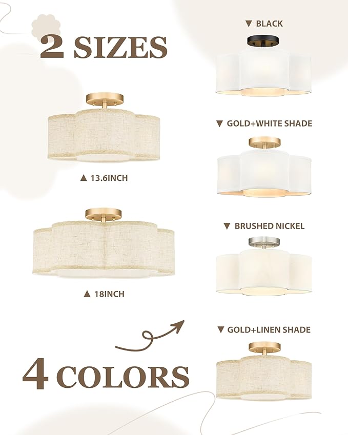 Semi Flush Mount Ceiling Lights, 6-Light 18" Gold Light Fixtures Ceiling Mount with Fabric Shade in Flower Shape, Drum Lighting Fixture for Nursery Bedroom Kitchen, AD-22007-6SF-GD-B