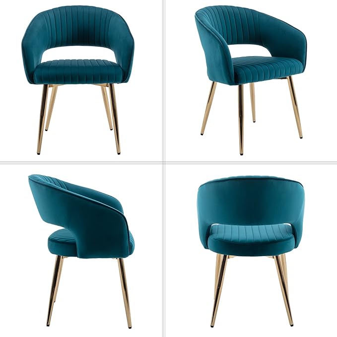Modern Velvet Dining Chairs Set of 8, Upholstered Gold Dining Chairs with Hollow Back, Dining Room Chairs with Gold Legs, Accent Armrest Kitchen Chairs for Living Room Reception Teal Blue