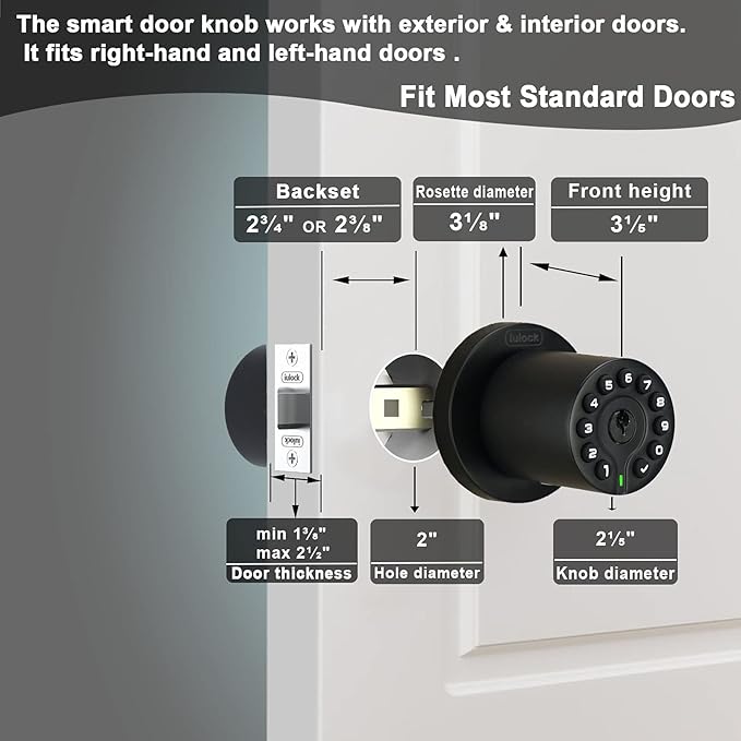 iulock IU-20 Code Door Lock, Electronic Door Knob with Keypad and Key, Auto Lock, Waterproof, Passage Function, Long Battery Life,50 Codes, Easy to use and Install for Office/Warehouse/Bedroom/Garage