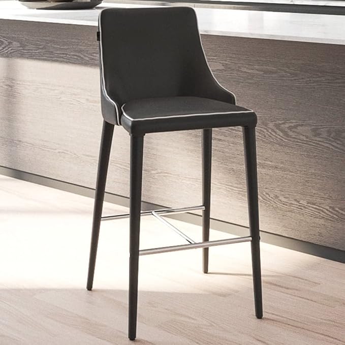 ZURI Jillian Black with White Piping Leatherette Bar Stool with Stainless Steel Base