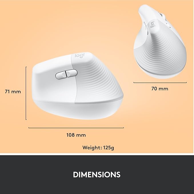 Logitech Lift Vertical Ergonomic Mouse, Wireless, Bluetooth or Logi Bolt USB Receiver, Quiet clicks, 4 Buttons, Compatible with Windows/macOS/iPadOS, Laptop, PC - Off White (Renewed)
