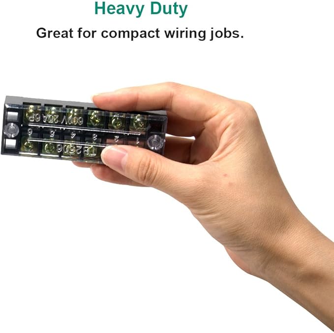 MILAPEAK Terminal Block and Strip - 5pcs 6 Positions 600V 25A Dual Row Screw Terminals Strip with Cover+5pcs Pre-Insulated Barrier Jumper Strips Black & Red + Spade Fork Wire Connectors