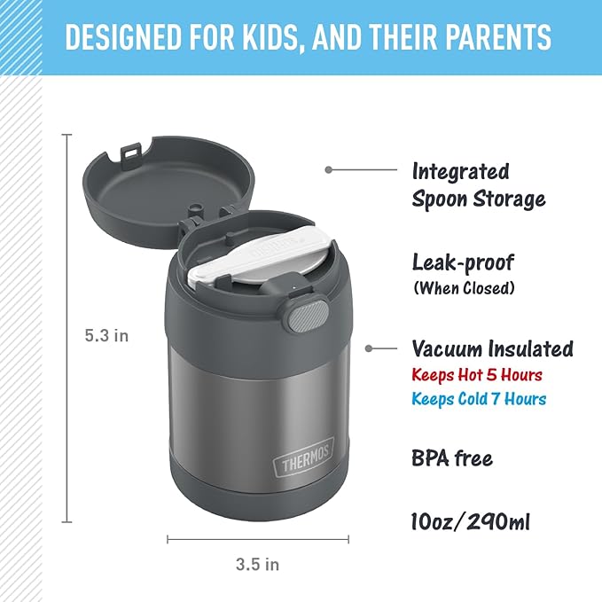THERMOS FUNTAINER Insulated Food Jar, 10 Ounce, Kid Friendly Food Jar with Foldable Spoon, Gray