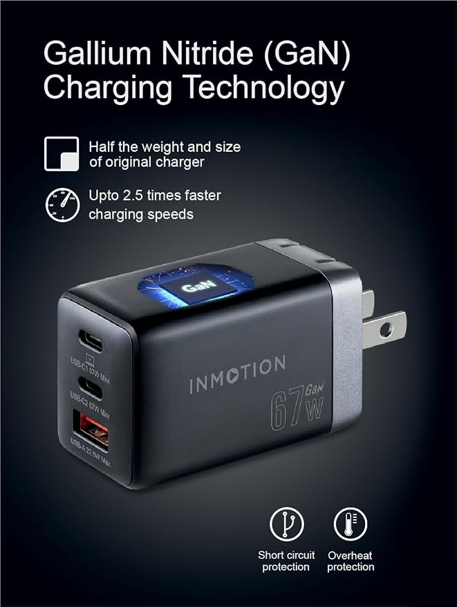 InMotion 67W USB-C US GaN Charger with 1M USB-C Cable and 3 Ports