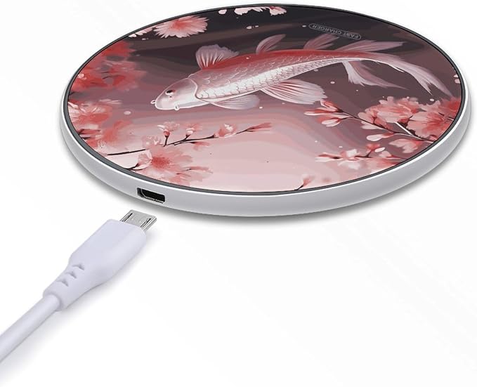 Pink Cherry Blossom Red Carp Wireless Charger 10W Fast Charging Pad Anti-Slip Qi Certified Wireless Charging Pad Charging Station Portable Phone Charger for All Wireless Charging Smartphone