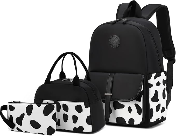 School Backpack for Girls Teens Bookbag with Lunch Box Set Kids Backpack Elementary Middle School Bag Daypack, Black Cow