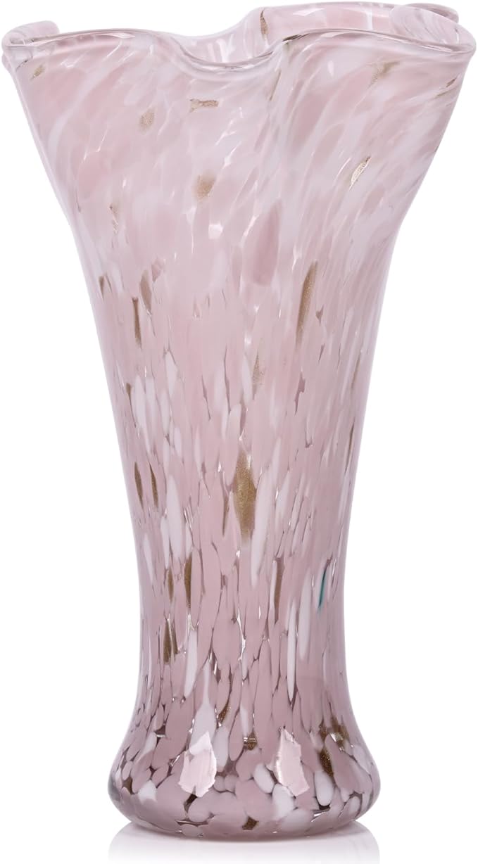 9.0" H Pink Glass Vases for Flowers, Unique Hand Blown Glass Vase Pink Home Decor, Wide Mouth Colorful Flower Vase Centerpieces, for Living Room Table Bookshelf, Bathroom Office Shelf Decorative