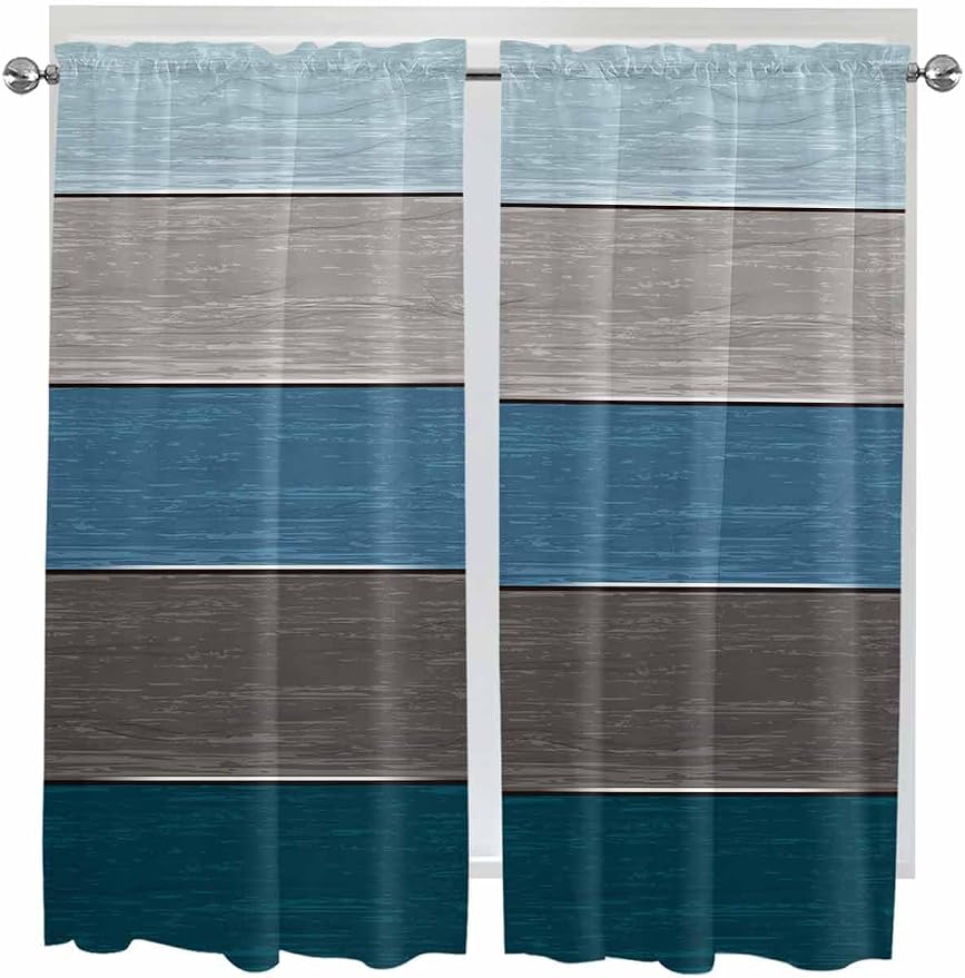 Retro Farm Blue Gray Wood Grain Window Valance Curtains, Rustic Wooden Plank
