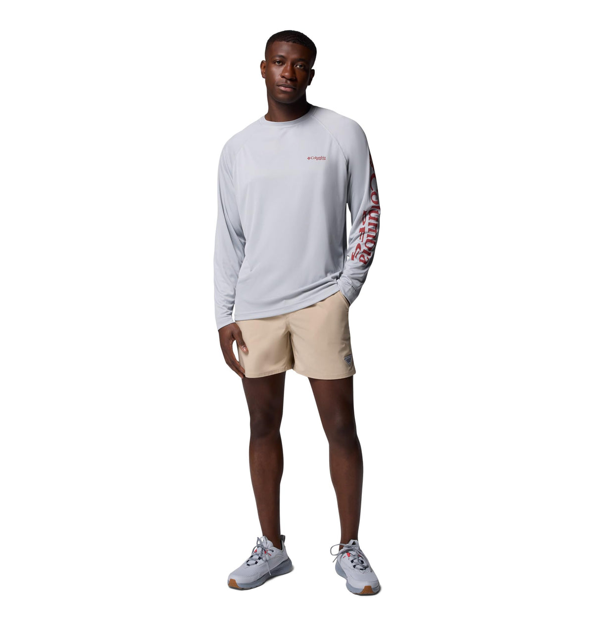Columbia Men's PFG Terminal Tackle Long Sleeve Fishing Shirt, Cool Grey/Dusty Crimson Logo, 6X