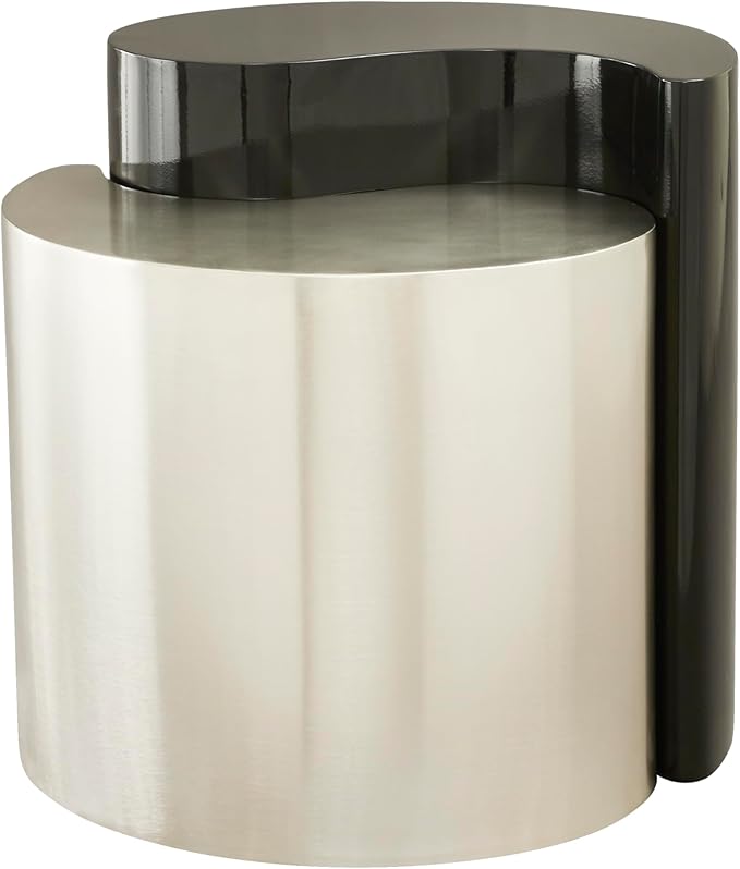 Modern Contemporary Luxury Ying-Yang 20" Height End Table Set, Sculptural Design with Aluminum Frame for Living Room, Entryway, Home & Office, Black & Silver Dual Tone End Table