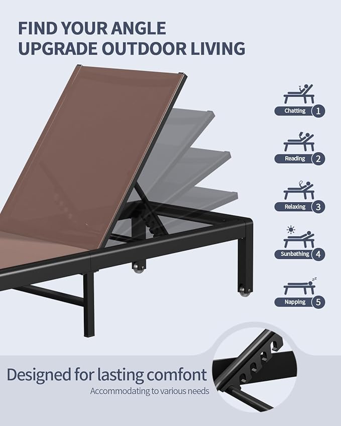 Aluminum Lounge Chairs Outdoor Chaise Furniture,2 Sets Patio Metal Deck Lounger Adjustable 5-Position Poolside Chase Recliner with Wheels for Beach,Coffee Table, (Brown, 2 Chair+Table)