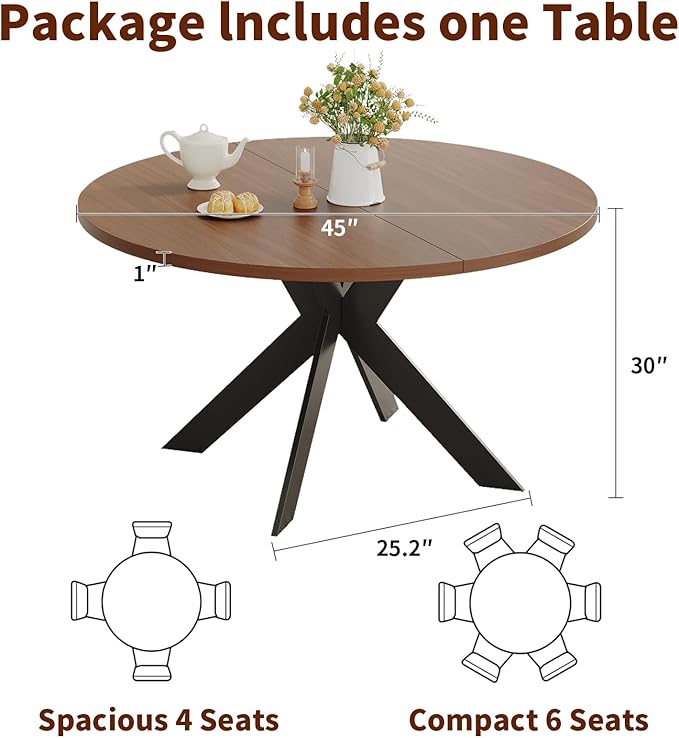 Walnut Round Dining Table Set for 4, Mid-Century Modern Kitchen Table and Chairs, Small Space Dining Room Furniture for Apartment, Breakfast Nook or Studio (Boxwood-Dining Table Only)