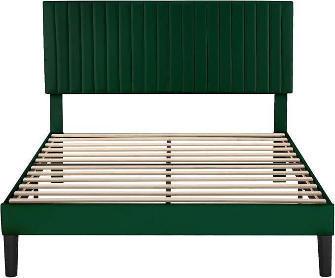 Allewie Full Bed Frame, Velvet Upholstered Platform Bed with Adjustable Vertical Channel Tufted Headboard, Mattress Foundation with Strong Wooden Slats, Box Spring Optional, Easy Assembly, Green