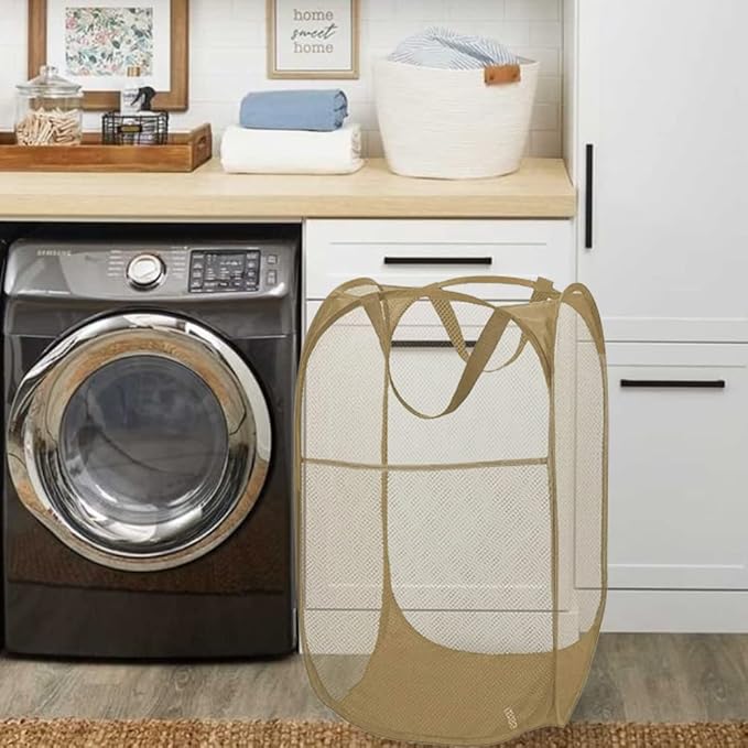 BATTOO Deluxe Strong Mesh Pop up Laundry Hamper Basket with Side Pocket for Laundry Room, Bathroom, Kids Room, College Dorm or Travel Beige