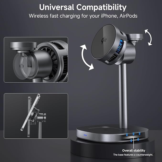 3-in-1 Magnetic Wireless Charging Stand | Rotatable Heat Dissipation Function Qi2 Certified 15W Compatible with iPhone 17-12 Series