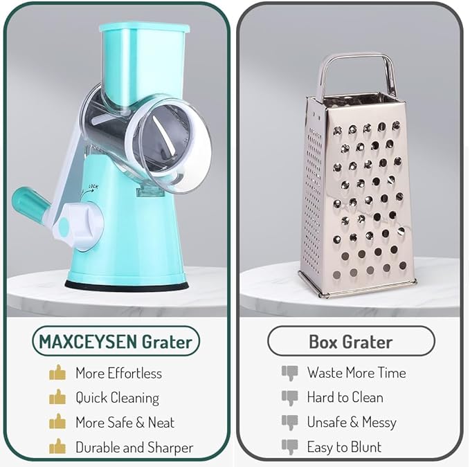 Maxceysen Rotary Cheese Grater with Handle Vegetable Shredder Round Kitchen Slicer Mandoline Grater for Vegetable, Nuts, Chocolate, Cheese, White, 3 Stainless Steel Blades